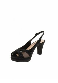 Décolleté nera con tacco a slingback e punta aperta, caratterizzata da un tessuto testurizzato, dettagli in strass e una larga fascia nella parte anteriore. Suola con plateau inclusa.