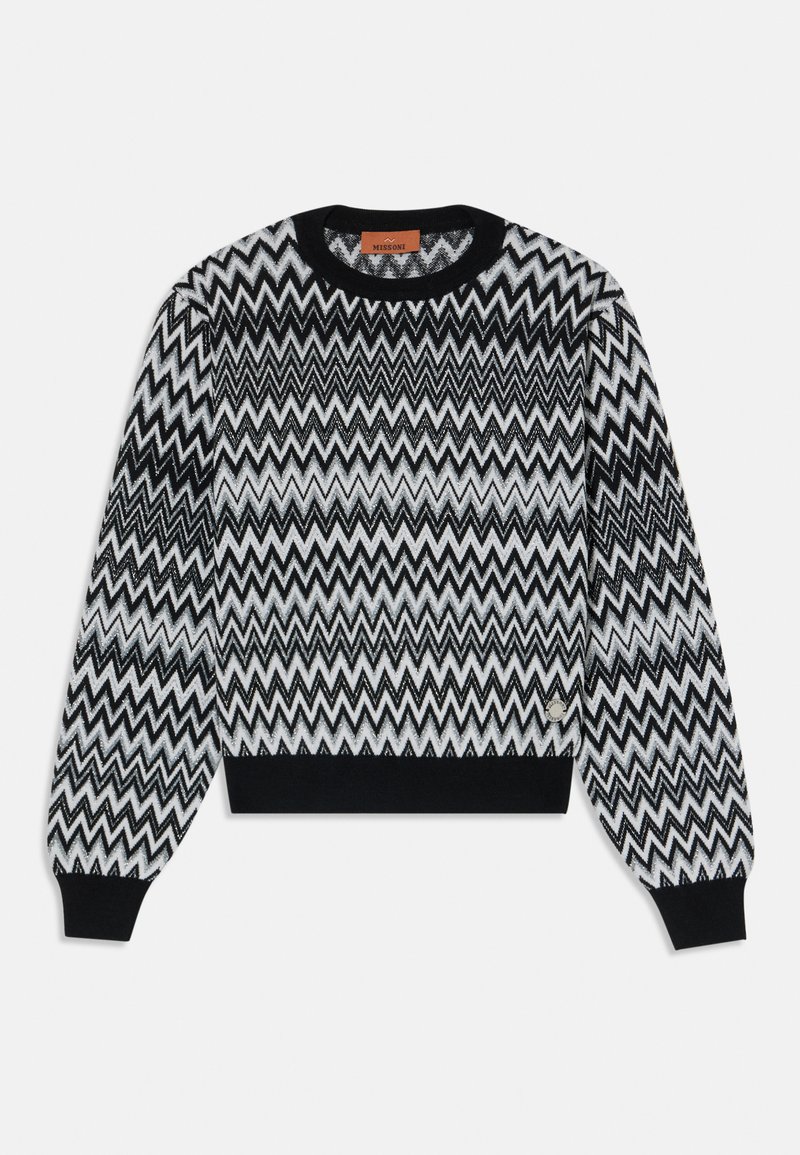 Pulover z zamislico v črno-belem zigzag vzorcu, z dolgimi rokavi, rebrastimi manšetami in robom, okroglo ovratnico ter logotipom na spodnji strani.