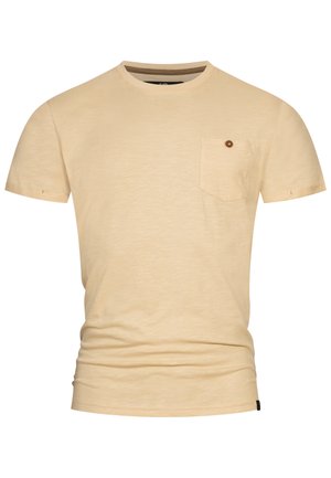 Light beige short-sleeve t-shirt with a soft texture, round neck, and a chest pocket featuring a brown button detail.