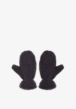 Para czarnych rękawic z polaru z częścią na kciuk, zaprojektowanych dla ciepła i komfortu, pokazanych obok siebie na białym tle.