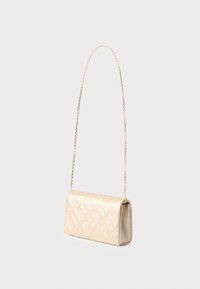 Borsa a tracolla trapuntata beige con forma rettangolare, dotata di una tracolla in oro e una texture liscia e lucida.