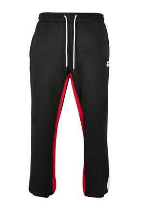 Schwarze sportliche Jogginghosen mit rotem Seitenstreifen, weißen Kordeln und Logo. Weicher, atmungsaktiver Stoff mit elastischen Bündchen an den Knöcheln.