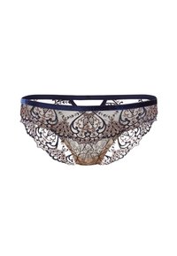 Lingerie en dentelle avec des motifs floraux complexes en bleu marine et cuivre, présentant une partie avant transparente et des bords festonnés, rehaussés d'un bord doux en tissu.