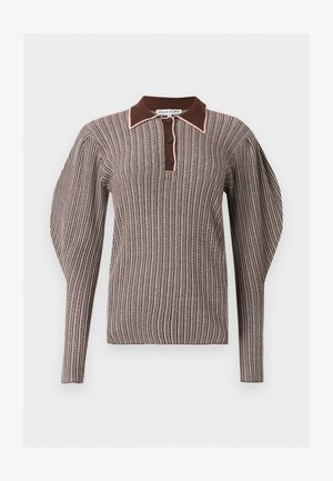 Μάλλινο πουλόβερ με μακριά μανίκια και ανάγλυφη υφή σε καφέ και μπεζ ρίγες με φουσκωμένους ώμους, καφέ γιακά και πατιλέτα με τρία κουμπιά.