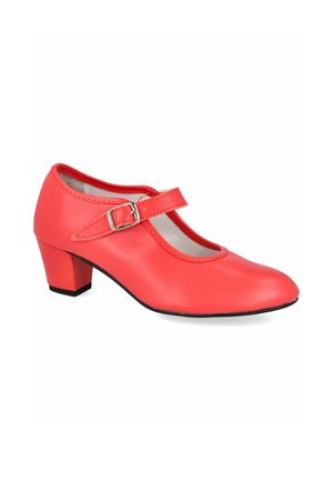 Zapato Mary Jane de cuero rojo con tacón bloque de altura media y correa con hebilla plateada, mostrado de lado sobre fondo blanco.