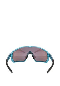 Sportsonnenbrille mit transparentem türkisfarbenem Rahmen, großen pinken Gläsern und schwarzen Gummi-Details an der Nase und den Bügeln.
