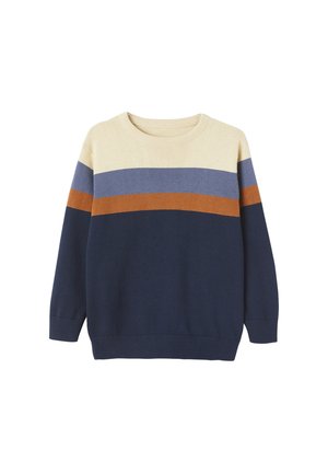 Kinder-Pullover mit langen Ärmeln aus Strick in Beige, Blau, Rost und Marineblau mit horizontalen Streifen, gerippten Bündchen, Saum und Rundhalsausschnitt.
