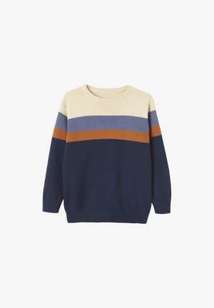 Child’s long-sleeve knitted sweater with beige, blue, rust, and navy horizontal stripes, ribbed cuffs, hem, and crew neckline.