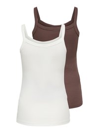 Deux camisoles côtelées à fines bretelles, une blanche devant et une marron derrière, présentées sur un fond blanc.