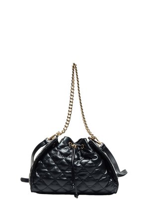 Sac à main en cuir matelassé noir avec bandoulière chaîne dorée et fermeture à cordon, présenté sur fond blanc.