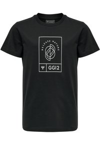 Sort bomulds T-shirt med rund halsudskæring, der har et hvidt grafisk design med teksten "RELEASE NATURE" og et bladmotiv.