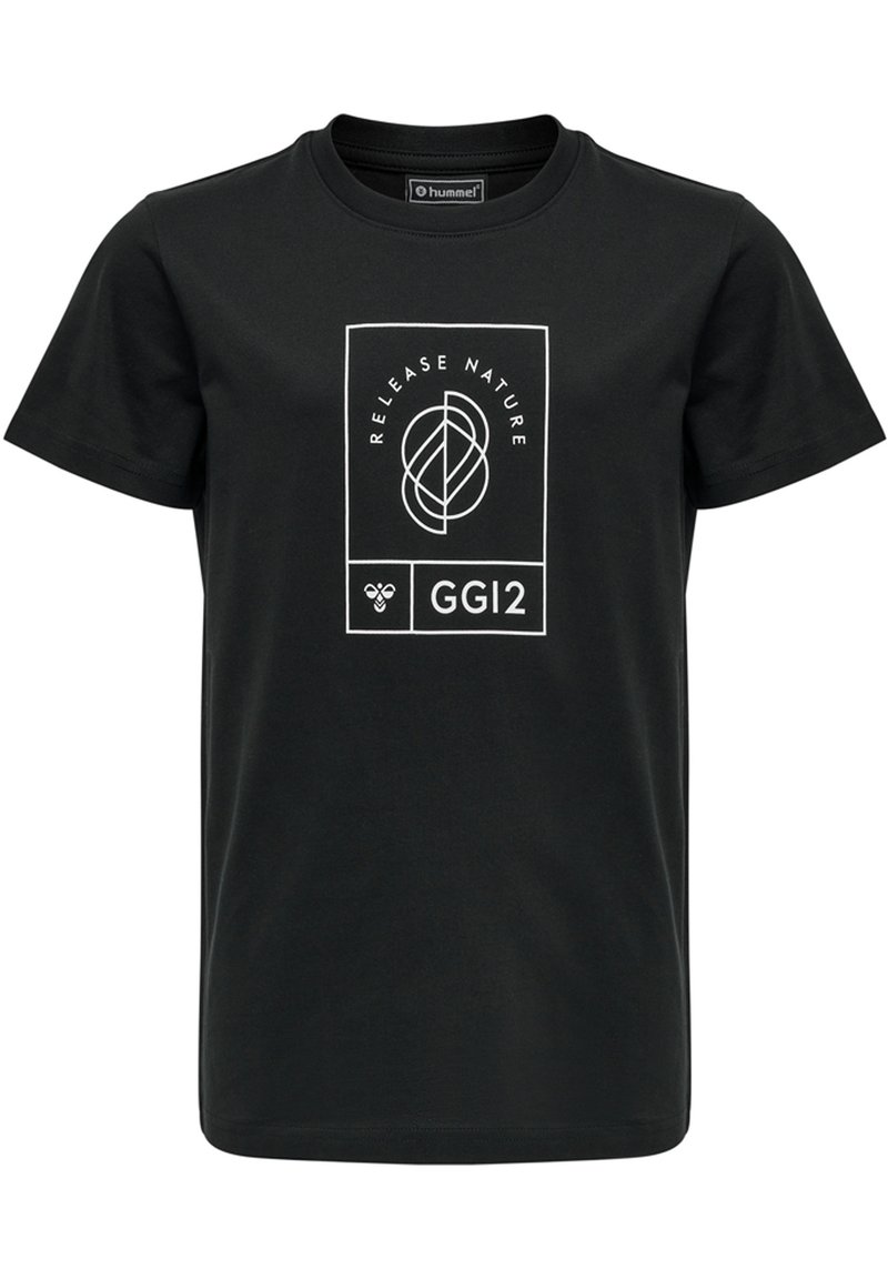 Sort bomulds T-shirt med rund halsudskæring, der har et hvidt grafisk design med teksten "RELEASE NATURE" og et bladmotiv.
