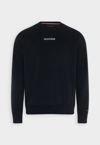 Sweatshirt blu navy, misto cotone, scollo rotondo, polsini e orlo a coste, con logo bianco "HILFIGER" sul petto, design minimale.