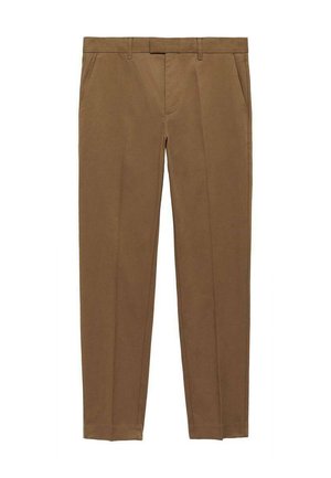 Braune maßgeschneiderte Hosen aus glattem Stoff, mit flachem Frontdesign, geraden Beinen, Gürtelschlaufen und Seitentaschen.