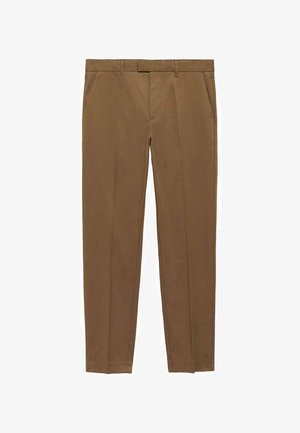 Brune skræddersyede bukser lavet af et glat stof, med flad front, lige ben, bæltestropper og sidelommer.