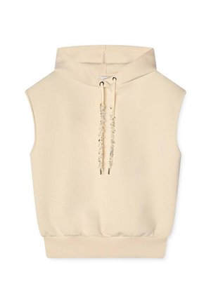 Ärmellose kremfarbene Kapuzenjacke mit einer Vorderentasche, verstellbarem Kordelzug mit dekorativen Perlen und abgerundetem Saum. Weicher Stoff.
