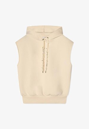 Ärmellose kremfarbene Kapuzenjacke mit einer Vorderentasche, verstellbarem Kordelzug mit dekorativen Perlen und abgerundetem Saum. Weicher Stoff.