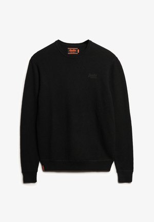 Sort strikket sweater med rund hals, ribbede manchetter og kant, der har subtil branding i mørk syning og et kontrasterende orange mærke.