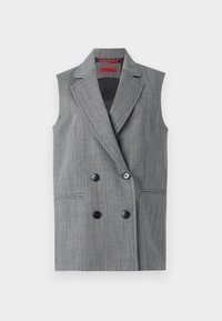 Sacou gri fără mâneci, cu un design cu două rânduri de nasturi, rever cu decupaj, două buzunare frontale și nasturi negri. Model texturat vertical pe întreaga suprafață.