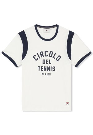 Biała koszulka na krótki rękaw z granatowym kołnierzem, krawędziami rękawów i bocznymi panelami, z napisem "CIRCOLO DEL TENNIS FILA 1911" na przodzie.