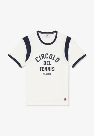 Biała koszulka na krótki rękaw z granatowym kołnierzem, krawędziami rękawów i bocznymi panelami, z napisem "CIRCOLO DEL TENNIS FILA 1911" na przodzie.