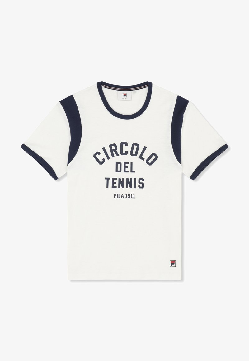 T-shirt blanc à manches courtes avec col, bords des manches et panneaux latéraux bleu marine, portant l'inscription "CIRCOLO DEL TENNIS FILA 1911" sur le devant.