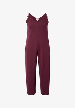 Mono burdeos sin mangas con tirantes ajustables de lazo y pantalones de pierna ancha, hecho de tela suave y de color sólido.