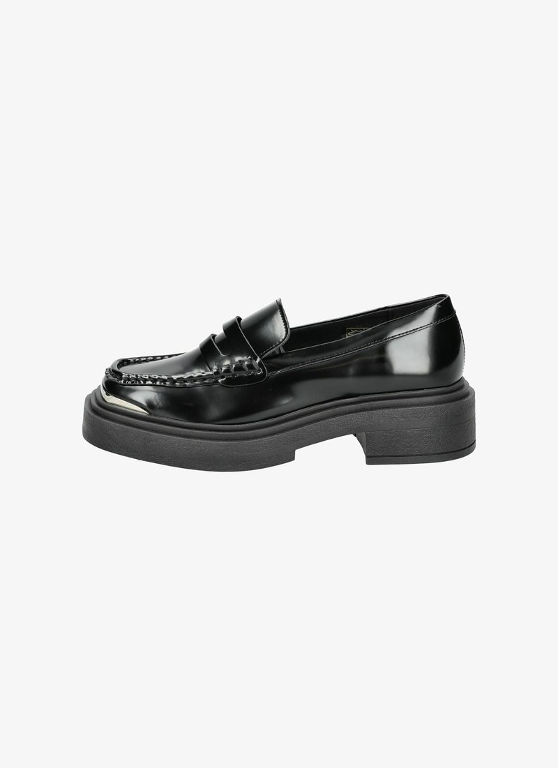Schwarze Lackleder-Loafer mit einer dicken Plateausohle, ausgestattet mit dekorativen Nähten und einem erhöhten Band über dem Vorderblatt.