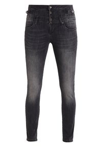 Černé skinny džíny z denimu s popraskaným povrchem, s vysokým pasem, dvěma předními kapsami a dvoupřezkovým zapínáním.