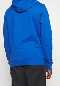 Persona che indossa un cappuccio blu brillante e pantaloni neri, mostrata di spalle su uno sfondo chiaro e semplice.