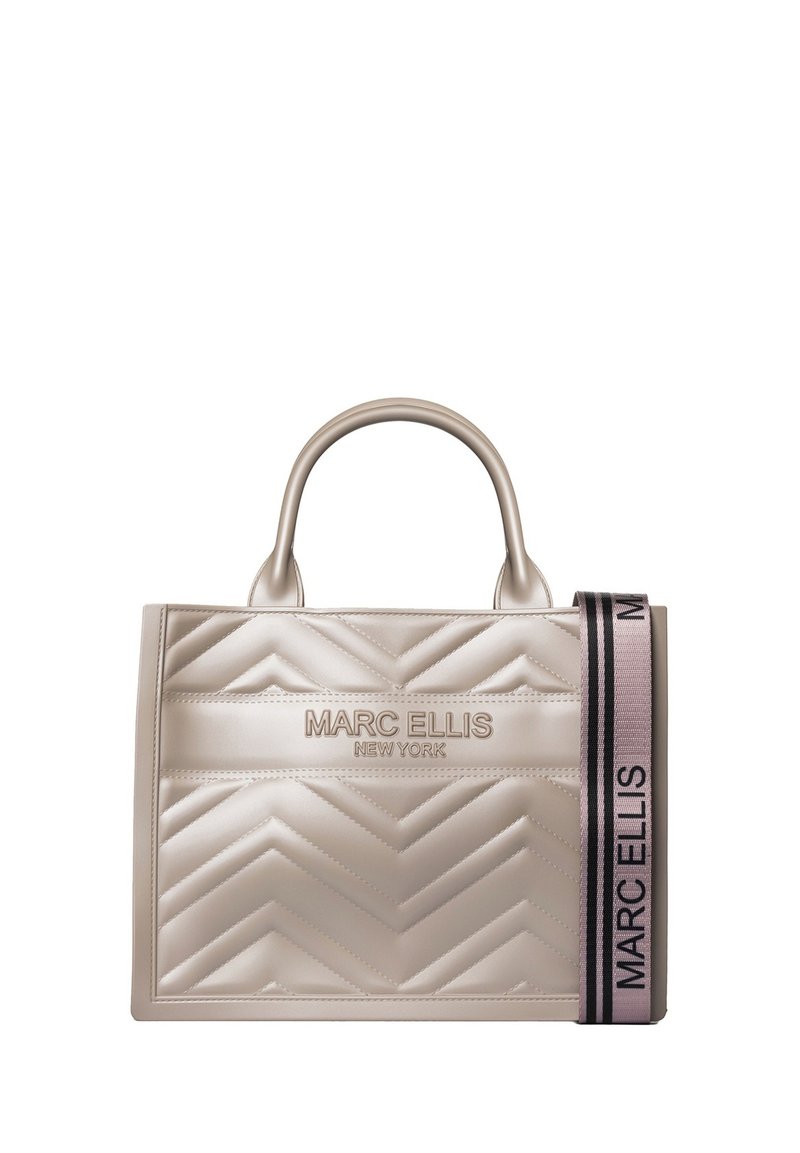 Borsa a tracolla sintetica beige, trapuntata, con motivo a zigzag, manici doppi e una tracolla decorativa con strisce nere e rosa e branding.