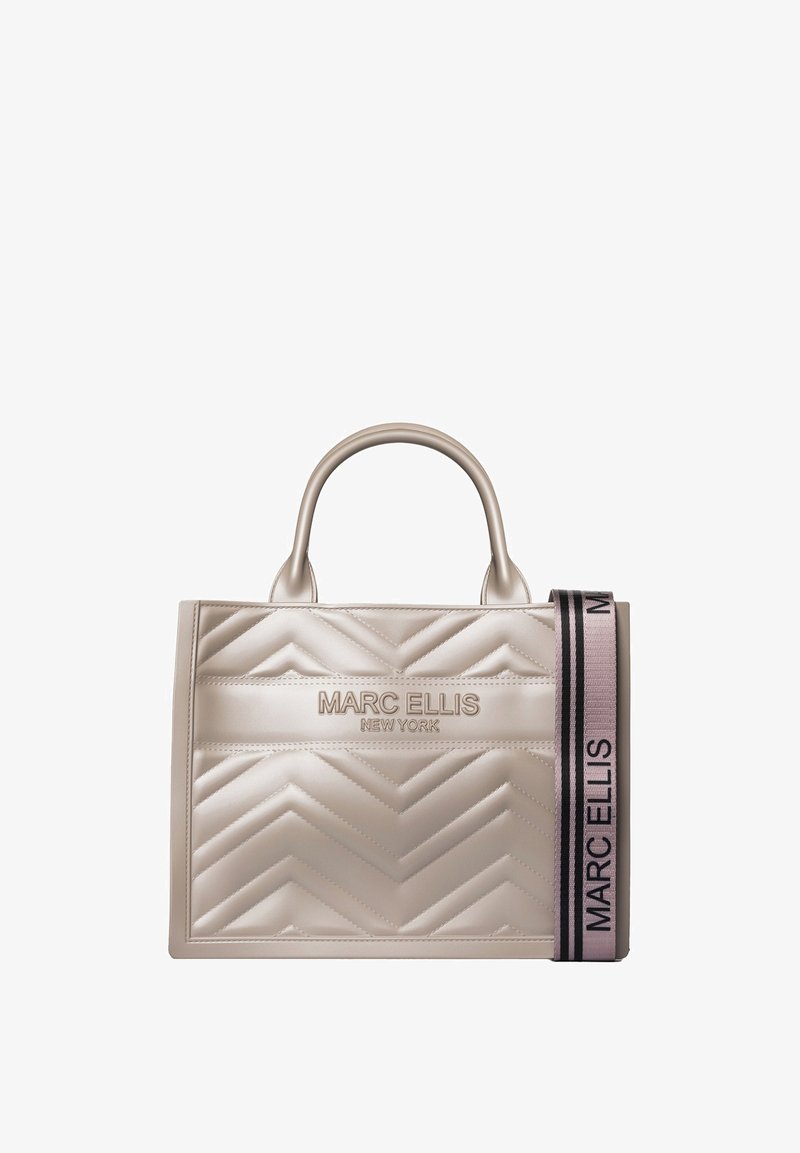 Borsa a tracolla sintetica beige, trapuntata, con motivo a zigzag, manici doppi e una tracolla decorativa con strisce nere e rosa e branding.