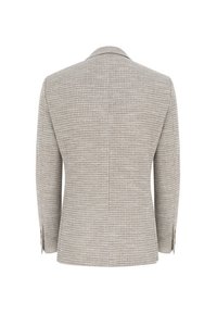 Męska marynarka w jasnoszary wzór jodełki, widziana od tyłu, z długimi rękawami i klapami z nacięciem.