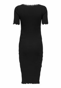 Robe midi noire côtelée à manches courtes avec bords festonnés aux manches, à l'encolure et à l'ourlet, vue de dos.