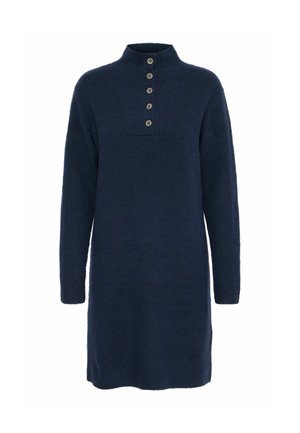 Tengeréskék kötött ruha magas gallérral, amelyen öt működő gomb található a nyakrésznél és hosszú ujjak. Puha, textúrált anyag.