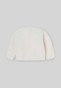 Cardigan bianco in maglia con maniche lunghe, caratterizzato da un semplice motivo testurizzato. Senza bottoni o ulteriori abbellimenti.