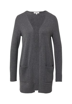Dunkelgraue offene Strickjacke mit langen Ärmeln, zwei vorderen aufgesetzten Taschen und gerippten Bündchen und Saum.