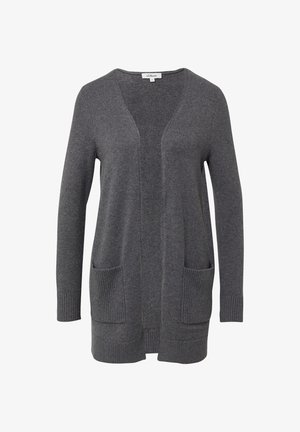 Tamno siva otvorena pletena kardigan jakna s dugim rukavima, dvije prednje zakrpa džepove i rebrastim manžetama i rubom.