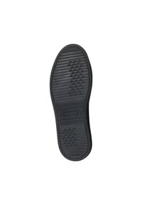 Black shoe sole with textured surface, featuring horizontal and diamond-shaped patterns for grip. Smooth edges and rounded toe area.