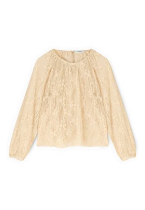 Langærmet beige blondebluse med rund halsudskæring, blomsterprint og rynkede detaljer foran og ved ærmekanterne.