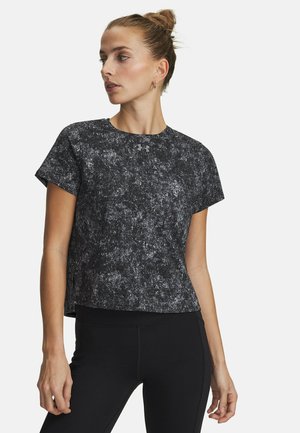 Schwarz-grau marmoriertes, kurzärmeliges Sportoberteil mit Rundhalsausschnitt, einem Logo auf der Brust und einer lockeren Passform.