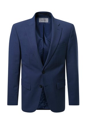 Marineblauer Blazer mit Reverskragen, zwei Fronttaschen und einer einzelnen Knopfschließung, ausgestattet mit einem glatten Innenfutter.