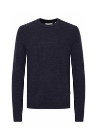 Dunkelnavyblaues Crewneck-Pullover mit langen Ärmeln sowie gerippten Bündchen und Saum, auf einem weißen Hintergrund präsentiert.