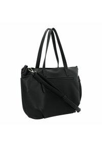 Zwarte leren tote bag met textuur, dubbele korte handvatten en een verstelbare schouderriem. Voorzien van een ritssluiting aan de bovenkant en een buitenvak.