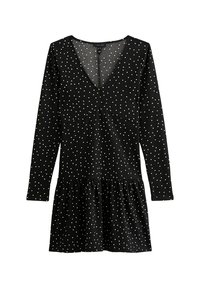 Un vestido negro con mangas largas, escote en V y lunares blancos. Bajo acampanado con una tela texturizada. Diseño simple y moderno.