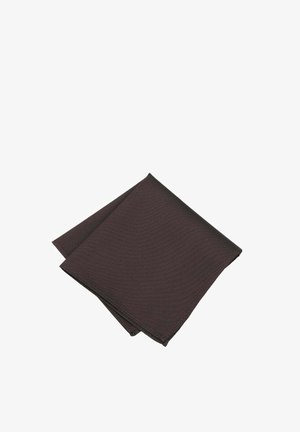 Dark brown cloth napkin neatly folded on a white background, showing texture and clean edges.