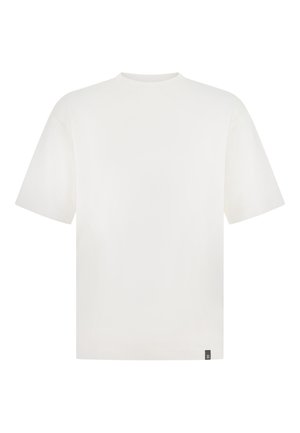 T-shirt bianca in cotone con maniche corte, scollo rotondo e forma rettangolare. Presenta un piccolo logo cucito in basso a sinistra.