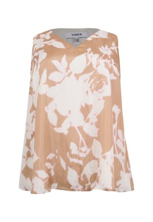 Blouse sans manches beige et blanche à motif floral, col en V et coupe ample et fluide de Yoek.