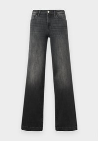 Black wide-leg jeans in faded denim, featuring front pockets, a button closure, and subtle stitching detail along the seams.