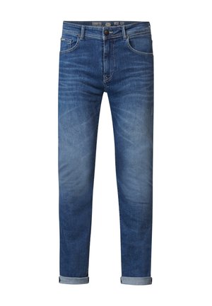 Denim jeans in medium blue met vervaagde delen, rechte snit, opgerolde manchetten, vijf-pocket ontwerp en een klassieke knoopsluiting.